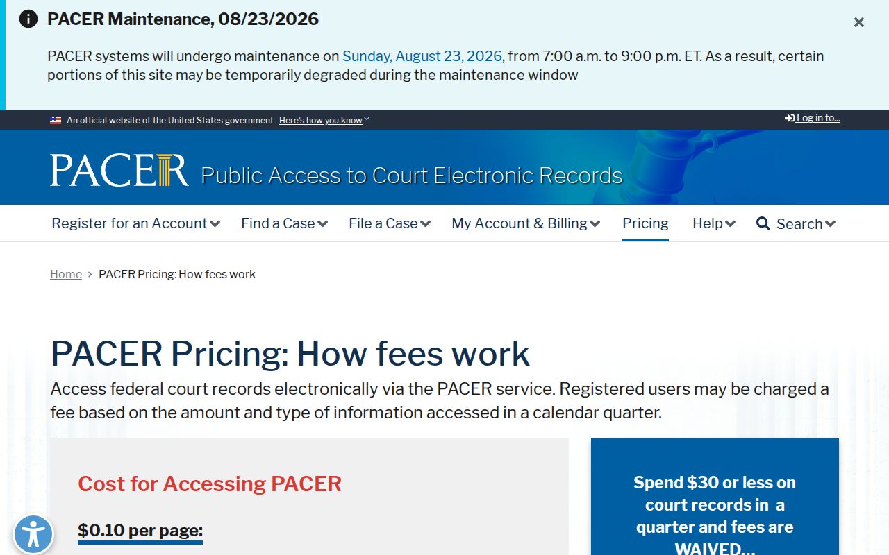 Whitestown court records federal PACER fee information